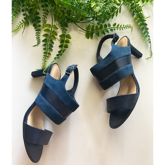 Clarks Shoes - Clarks Artisan Ortholite Low Kitten Heel Sandal Leather Suede Laureti Joy Navy 9